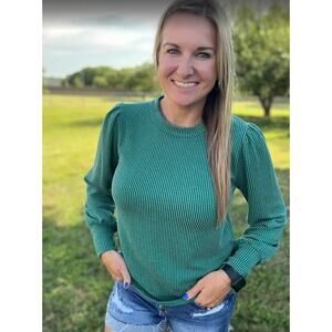 J.Crew‎ Vintage Women's Rib Puff-Sleeve Top Green - Size L